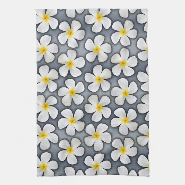 Linge De Cuisine Fleurs de Plumeria blanche sur argent (Vertical)