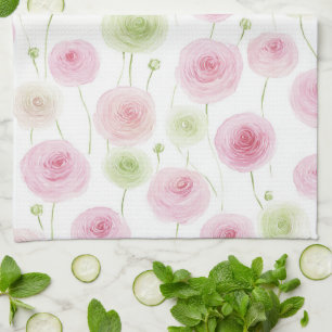Linge De Cuisine Fleurs de Renoncule Rose Menthe