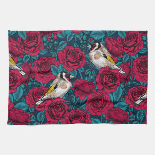 Linge De Cuisine Fleurs de roses rouges et oiseaux d'or