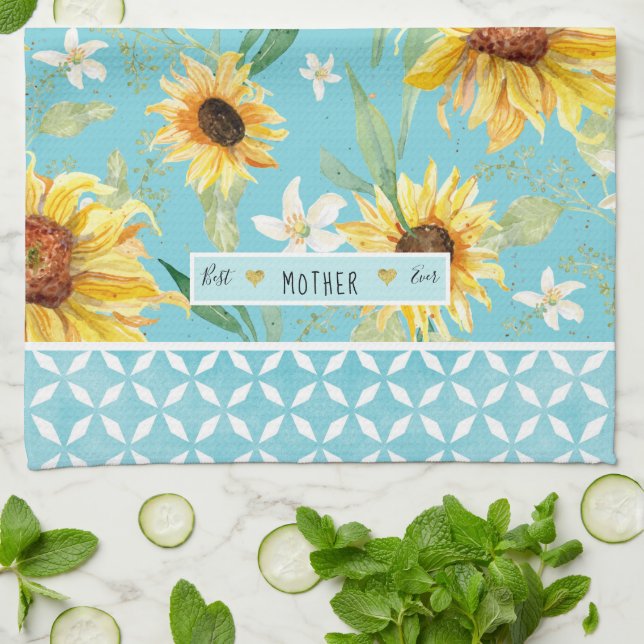 Linge De Cuisine Fleurs de soleil aquarelle, meilleure mère de tous (Plié)