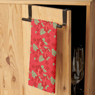 Linge De Cuisine Fleurs d'Hibiscus Motif Tropical Rouge
