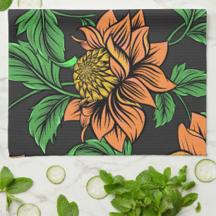 Linge De Cuisine Fleurs éclatantes jaillissant d'un fond noir