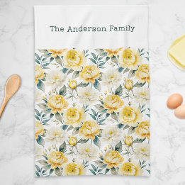 Linge De Cuisine Fleurs élégantes jaunes de paonies et chrysanthème