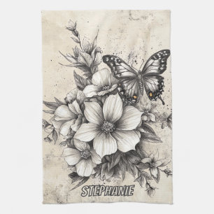 Linge De Cuisine Fleurs et papillons rustiques - Papier vieilli (5)