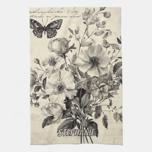 Linge De Cuisine Fleurs et papillons rustiques - Papier vieilli (8)