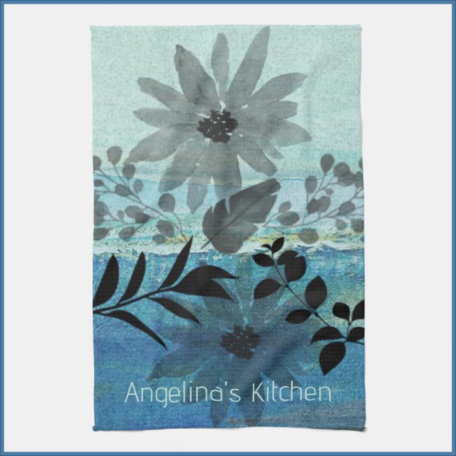 Linge De Cuisine Fleurs Modernes Sur Arrière - plan Bleu Rêvé (Créateur téléchargé)