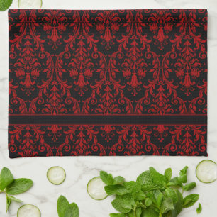 Linge De Cuisine Fleurs noires et rouges Fils Damas 3 Monogrammes