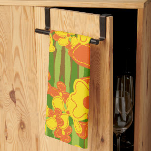Linge De Cuisine Fleurs orange jaune rétro des années 1970