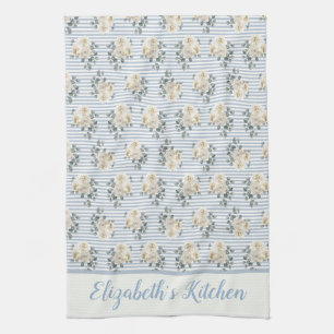 Linge De Cuisine Fleurs personnalisées rayures bleues et blanches v