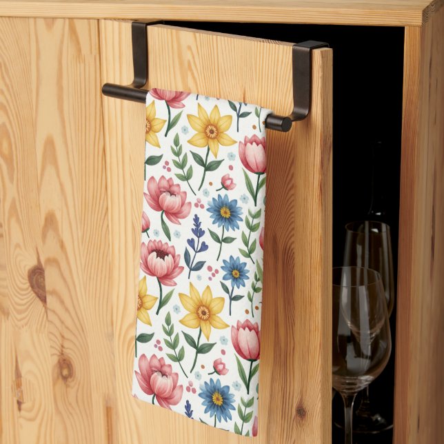 Linge De Cuisine Fleurs printanières en bleu rose et jaune (Pliage en tiers)