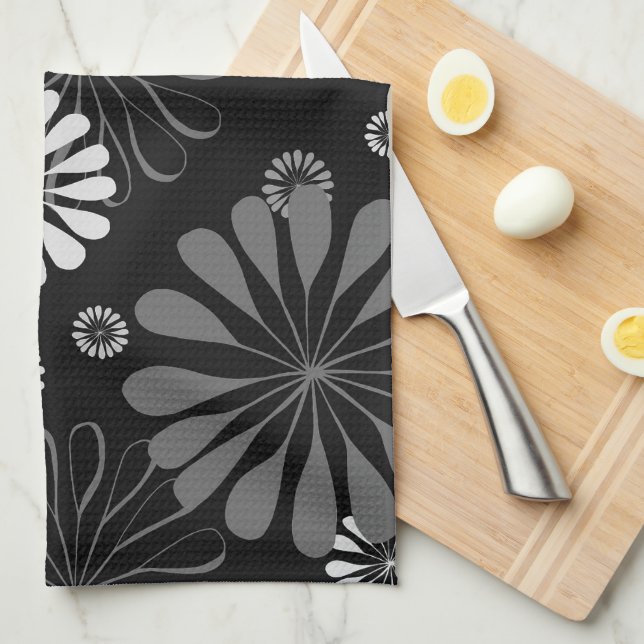 Linge De Cuisine Fleurs rétro noir et blanc (Quart Plié)