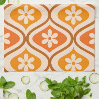 Linge De Cuisine Fleurs rétro sur fond orange et motif ogee ambre