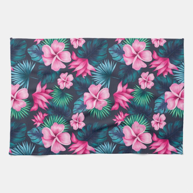 Linge De Cuisine Fleurs roses avec Feuilles verts Partern-79066 (Horizontal)