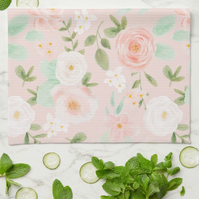 Linge De Cuisine Fleurs Roses d'aquarelle en rose et en rose (Plié)