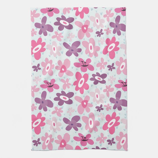 Linge De Cuisine Fleurs roses et Coeurs Bleus mignons Whimsical (Vertical)
