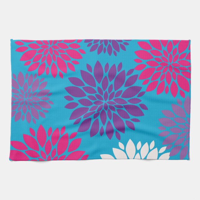 Linge De Cuisine Fleurs roses et violettes sur bleu Turquoise (Horizontal)
