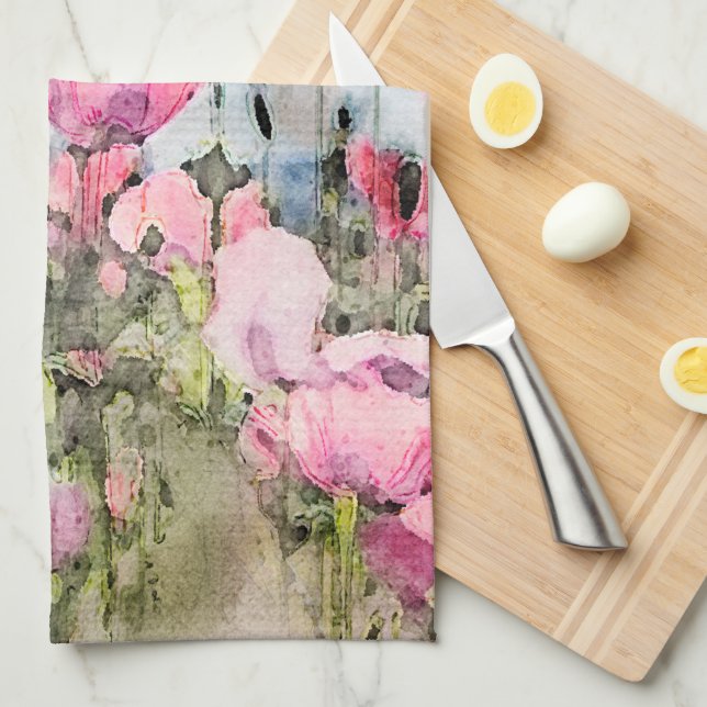 Linge De Cuisine Fleurs roses Floral Aquarelle Art (Quart Plié)