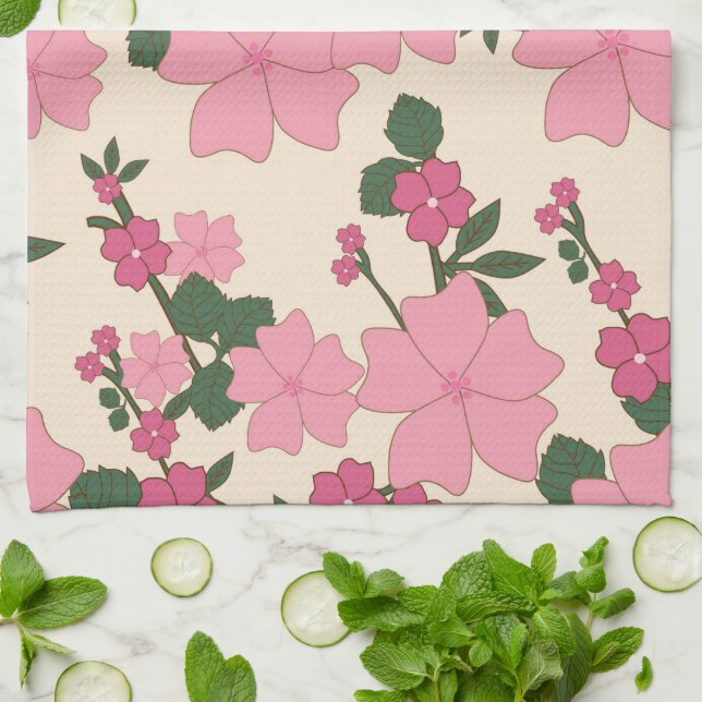 Linge De Cuisine Fleurs Roses, Motif Floral, Motif De Fleurs (Plié)