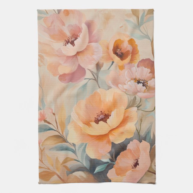 Linge De Cuisine Fleurs roses orange aquarelle élégante floraison  (Vertical)