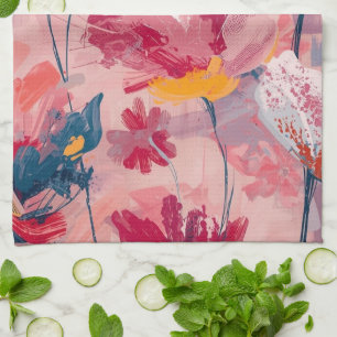 Linge De Cuisine Fleurs roses pinceaux peints motif botanique