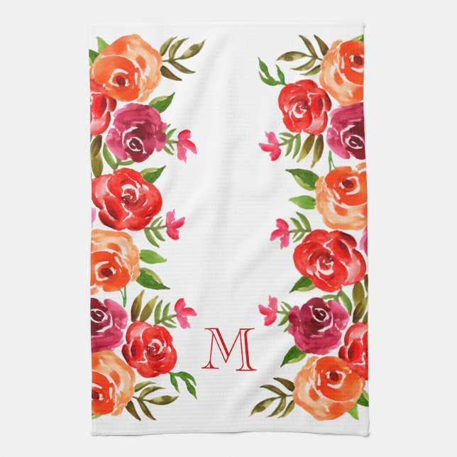 Linge De Cuisine Fleurs roses rouges orange monogrammes (Vertical)