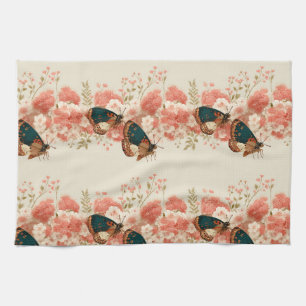 Linge De Cuisine Fleurs roses vintage de printemps avec papillons