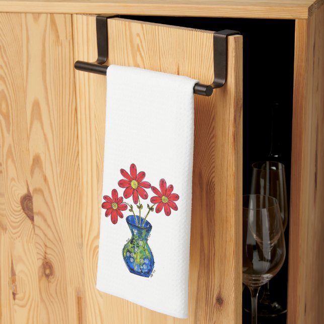 Linge De Cuisine Fleurs rouges lunaires dans Vase bleu (Pliage en tiers)