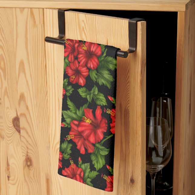 Linge De Cuisine Fleurs rouges sur l'arrière - plan noir (Pliage en tiers)