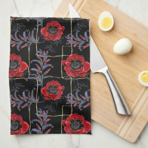 Linge De Cuisine Fleurs rouges sur le noir.