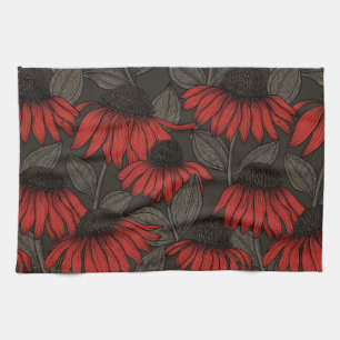 Linge De Cuisine Fleurs rouges sur marron