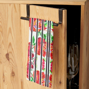 Linge De Cuisine Fleurs rouges vibrantes et feuilles vertes sur des
