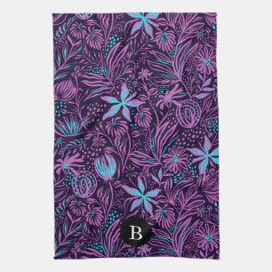 Linge De Cuisine Fleurs sauvages violettes et bleues   Monogramme