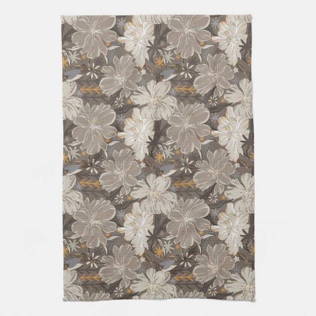 Linge De Cuisine Fleurs trait dessin gris, blanc, & notes de bronze (Vertical)