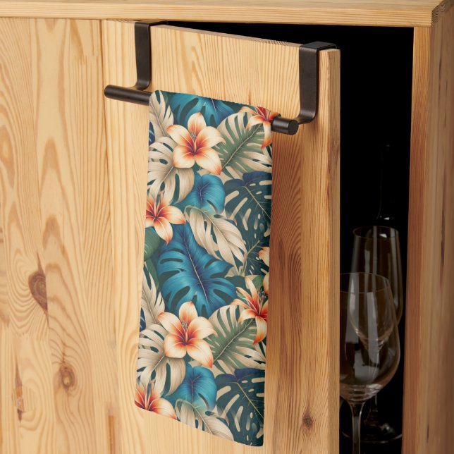Linge De Cuisine Fleurs tropicales au feuillage bleu et vert (Pliage en tiers)