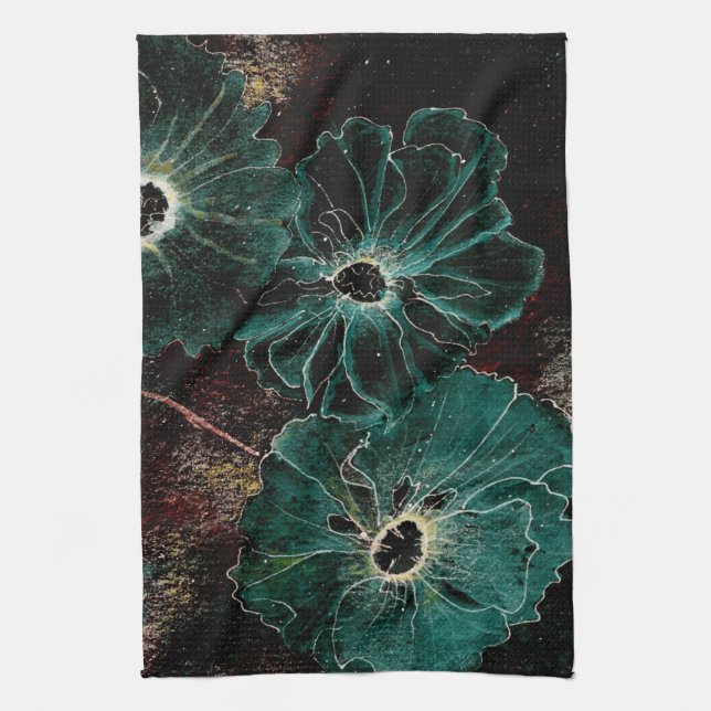 Linge De Cuisine Fleurs vintages géantes d'art déco en Aqua (Vertical)