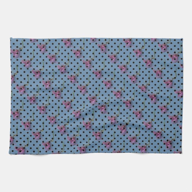 Linge De Cuisine Fleurs violettes bleues et pois noirs (Horizontal)