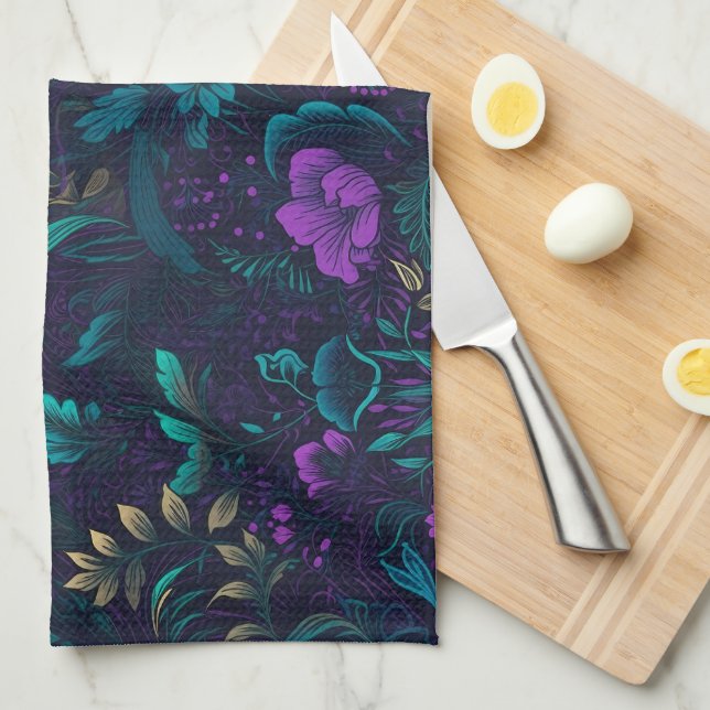 Linge De Cuisine Fleurs violettes et Feuilles Turquoises (Quart Plié)