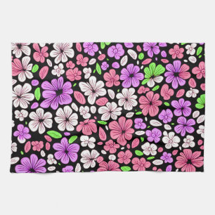 Linge De Cuisine Fleurs violettes et roses et motif de pétales noir
