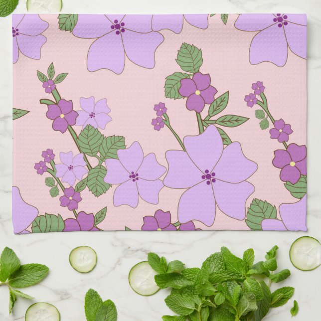 Linge De Cuisine Fleurs Violettes, Modèle Floral, Motif De Fleurs (Plié)