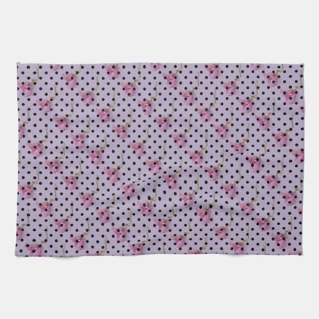 Linge De Cuisine Fleurs violettes roses et pois noirs (Horizontal)