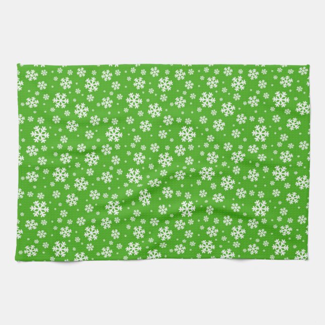 Linge De Cuisine Flocons blancs sur motif vert d'hiver (Horizontal)