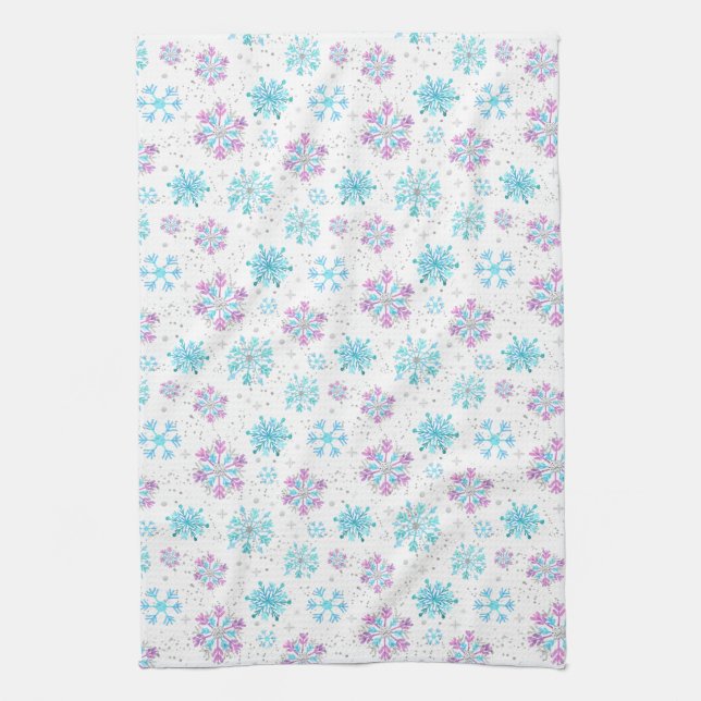 Linge De Cuisine Flocons de neige hivernaux violets et bleus (Vertical)