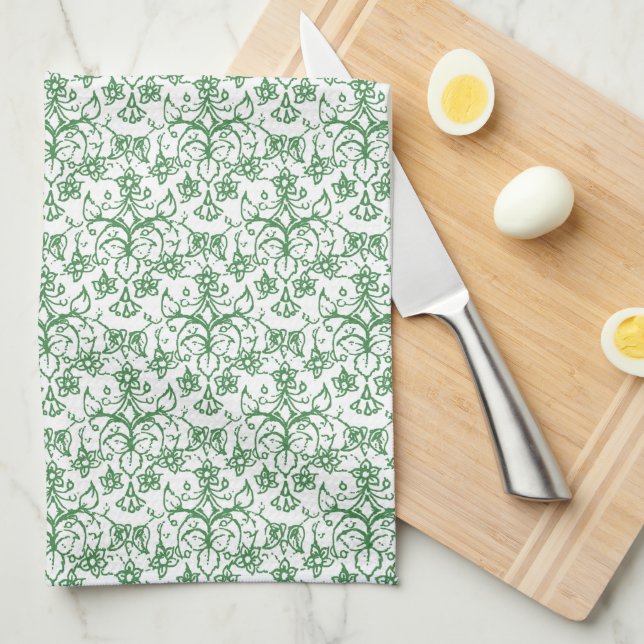 Linge De Cuisine Floral chic décoratif blanc vert de bigorneau (Quart Plié)