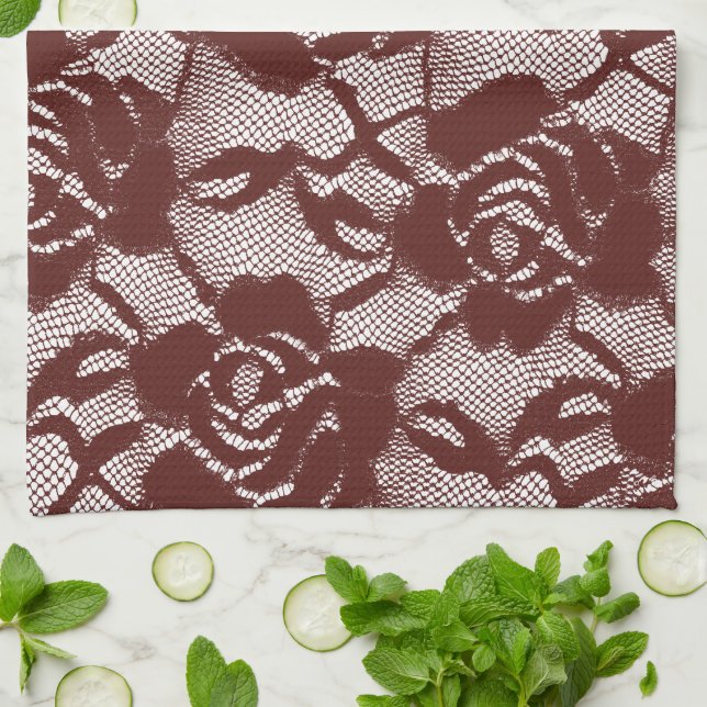 Linge De Cuisine Floral de dentelle rouge de Bourgogne (Plié)