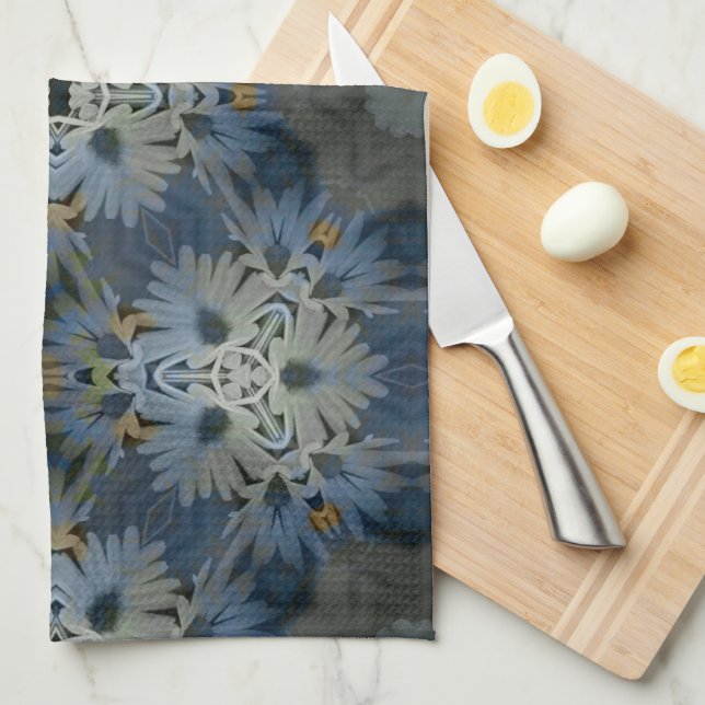 Linge De Cuisine Floral de marguerite bleu antique (Quart Plié)