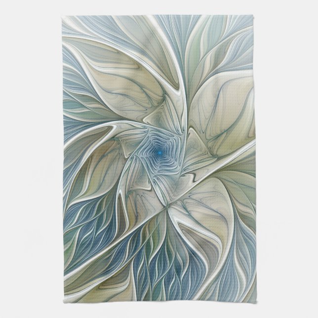 Linge De Cuisine Floral Dream Motif Abstrait Blue Khaki Fractal (Vertical)
