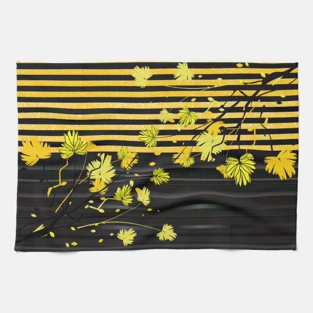Linge De Cuisine Floral jaune et noir d'art déco (Horizontal)