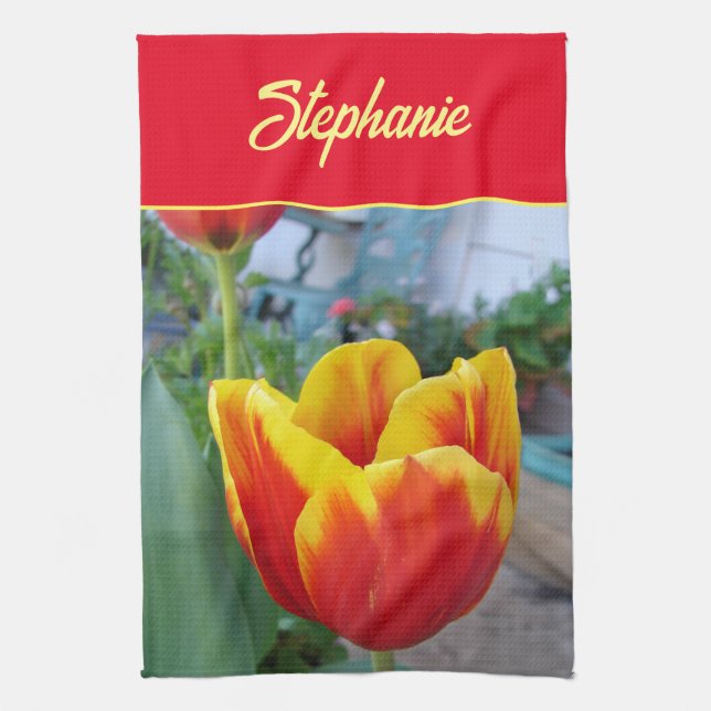 Linge De Cuisine Floral Red Yellow Tulip Don't Worry Be Happy (Vertical)