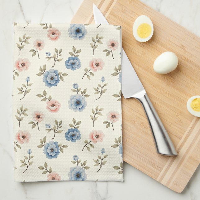 Linge De Cuisine Floral rose et bleu doux (Quart Plié)