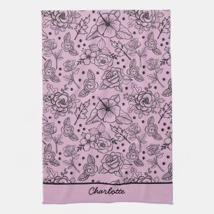Linge De Cuisine Floral sans couture motif violet nom personnalisé